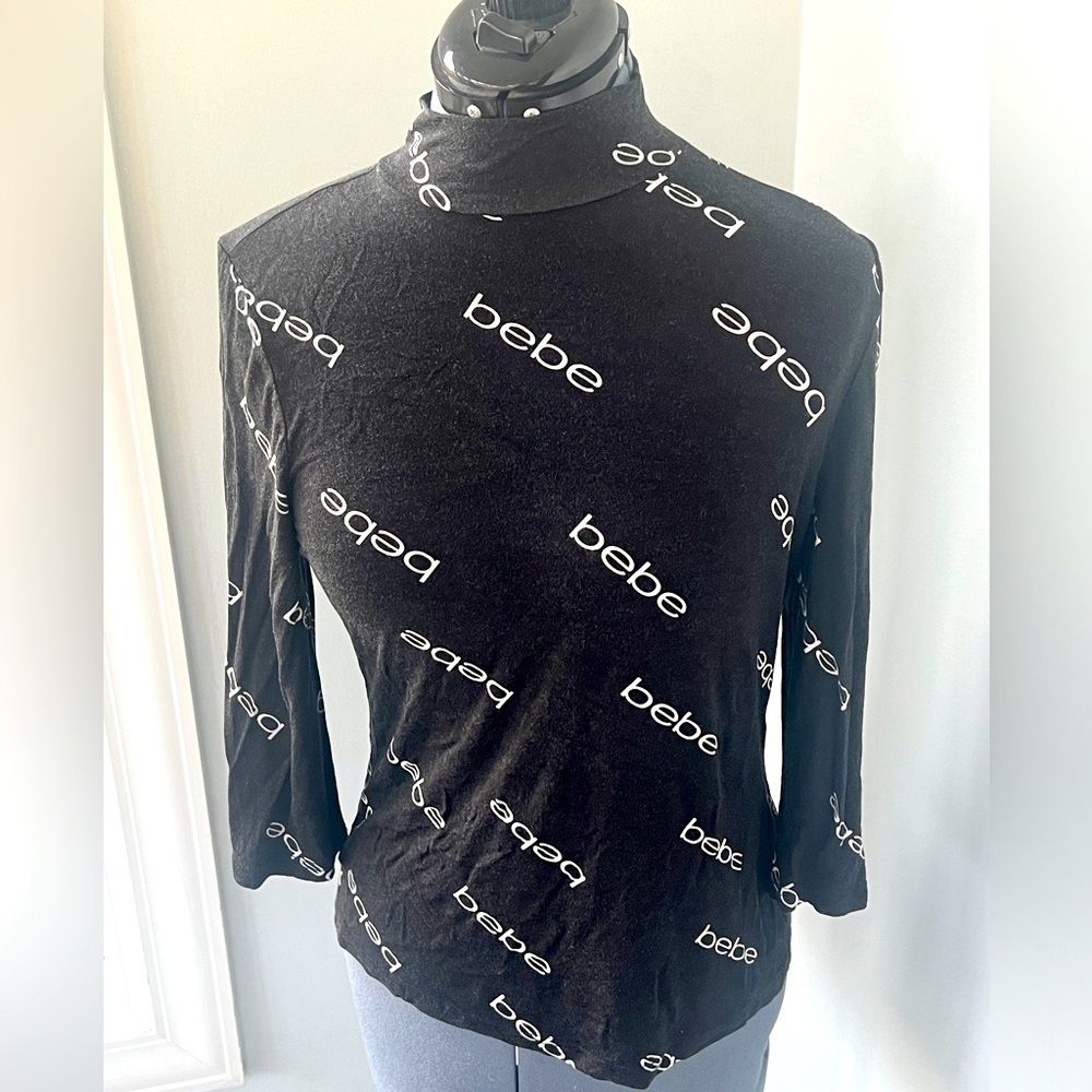 Bebe Sz L Stretchy Allover Logo Second Skin Mock Neck Layering Top 90’s